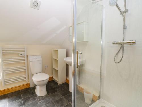 a bathroom with a toilet and a shower at Lavender Lodge in Hull