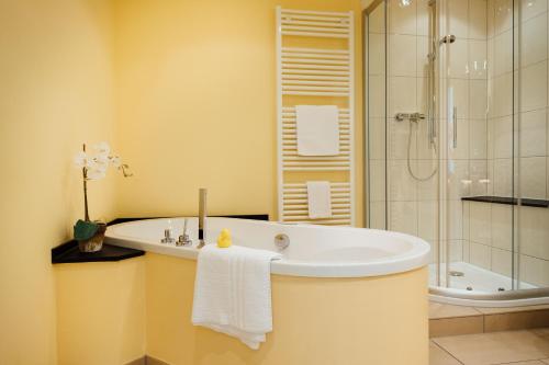 a bathroom with a bath tub and a shower at Hotel zur Mühle in Paderborn