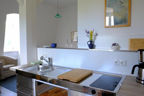 a kitchen with a sink and a stove top oven at Schloss Zinzow in Zinzow