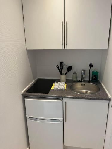 a small kitchen with a sink and a counter at Billund mini hostel room 3 in Billund