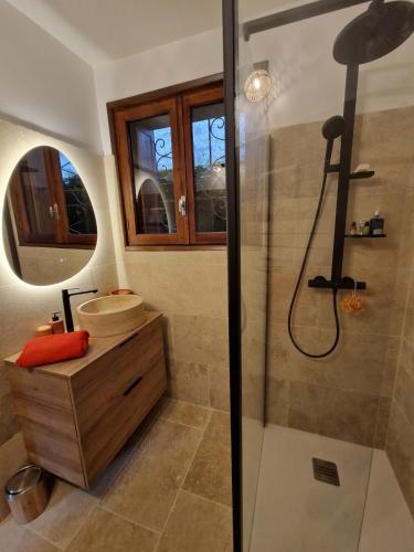 a bathroom with a shower and a sink at La Chênaie in Crespin