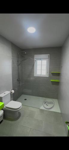 a bathroom with a toilet and a shower and a window at CHALET LOS PEPES in El Palmar