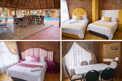 three pictures of a hotel room with two beds at Ndou The Rocks Lodge in Hammanskraal Station