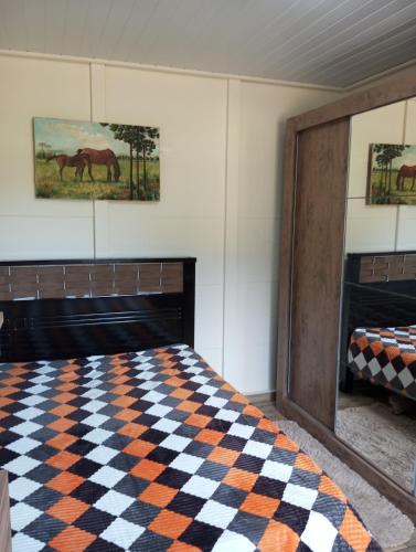 a bedroom with a bed and a checkered rug at Cantinho do Sossego in Prudentópolis