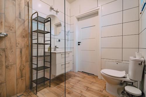 a bathroom with a toilet and a glass shower at Zajazd Fojutowo in Legbąd