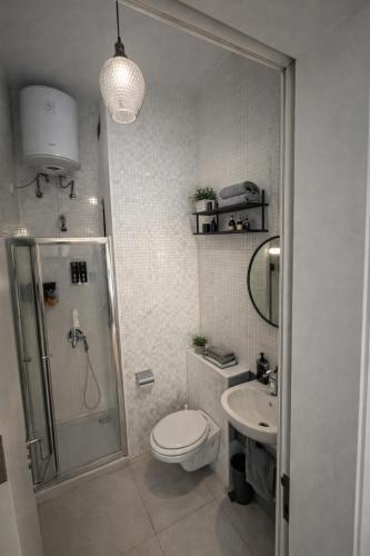 a bathroom with a shower and a toilet and a sink at Twin Apartment in St. Julianʼs