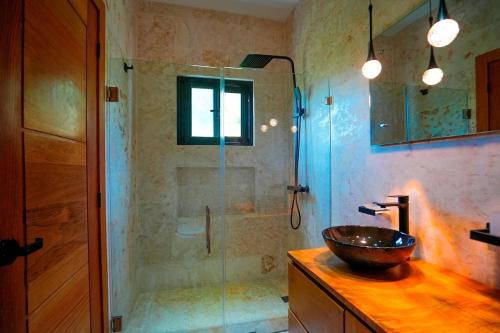 a bathroom with a sink and a shower with a glass shower at Modern Villa with a 15m Lap Pool, Cabarete in Cabarete