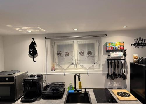 a kitchen with a sink and a window and a stove at Chez Pascal et Louna au calme avec Jacuzzi ! Proche PARIS et RER B et CDG AÉROPORT in Sevran