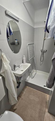 a bathroom with a sink and a shower and a mirror at Oscar Apartman Rezi in Rezi
