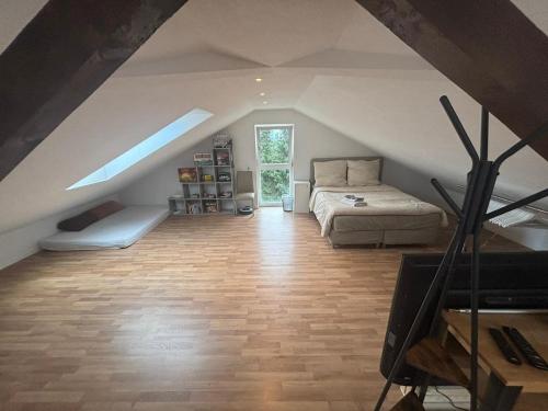 a attic bedroom with a bed and a tv in it at Bright attic apartment with charm in Sargans