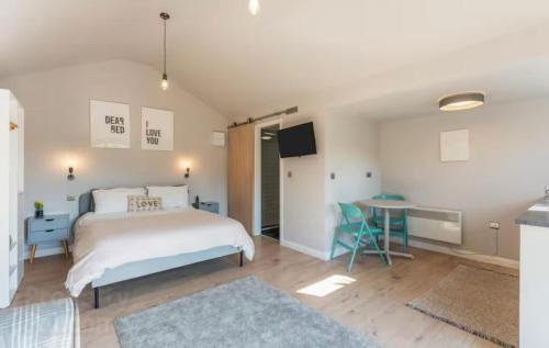 a bedroom with a bed and a desk and a television at The Hideaway Portaferry in Portaferry