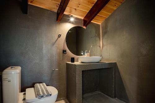 a bathroom with a sink and a toilet and a mirror at Villa Kalimoukos in Corfu