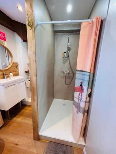 a shower with a glass door in a bathroom at "La Cabine" côté mer et côté jardin à la VILLA PLEIN VENT in Barneville-Carteret