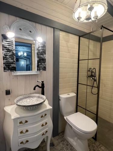 a bathroom with a sink and a toilet and a mirror at La Măgaru Tăvălit in Nucşoara