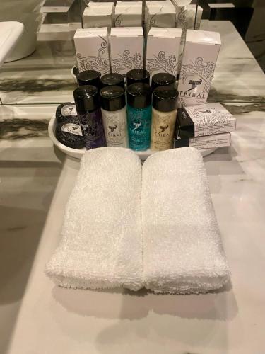 a counter with towels and products on a table at Hotel Royal Plovdiv in Plovdiv