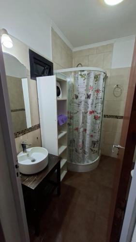 a bathroom with a sink and a shower with a shower curtain at Chacra Arcoiris in Gualeguay