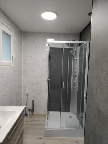 a bathroom with a shower with a glass door at Gîte L'Olivier - Piscine partagée in Lagorce