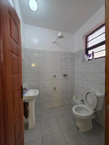a bathroom with a toilet and a sink at Rio Cabins in Nyeri