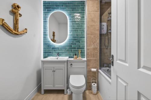 a bathroom with a toilet and a sink and a mirror at Ty Sage in Pembrokeshire
