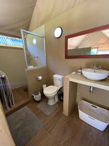 a bathroom with a sink and a toilet and a mirror at Mongwe Safari Camp in Nyakarura