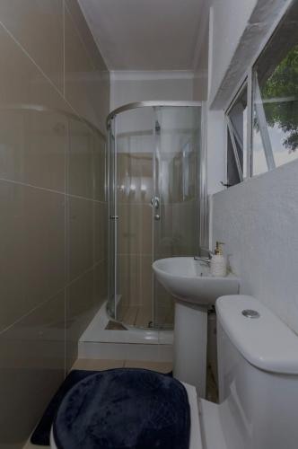 a bathroom with a shower and a toilet and a sink at HiddenValley in Chartwell