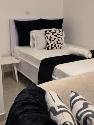 two beds sitting next to each other in a room at Bibo cabins in Ruringʼu