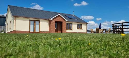 a house in a field of green grass at Sunny Bank - bungalow with hot tub and extra accessibility in Carmarthen
