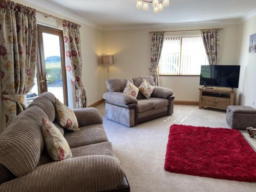 a living room with a couch and a tv at Sunny Bank - bungalow with hot tub and extra accessibility in Carmarthen