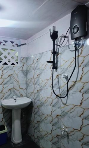a bathroom with a sink and a camera on a stone wall at PINI ROO Villa in Badulla