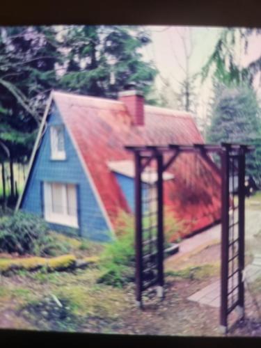 a small blue house with a red roof at Abenteuerurlaub im Tannenwald in Ilmenau