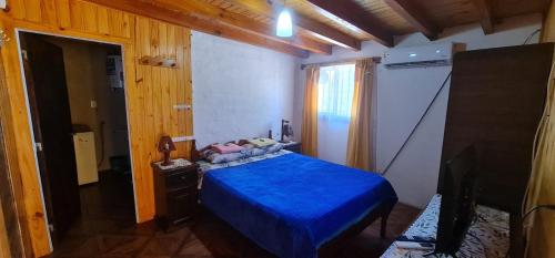 a bedroom with a bed with a blue comforter at Departamento LA LILI in Uspallata