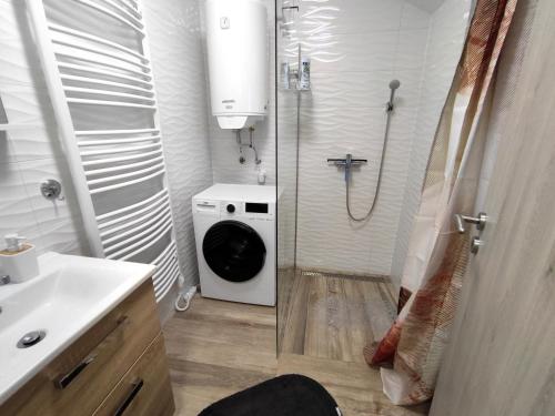 a bathroom with a shower and a washing machine at Barna kuckó in Mohács