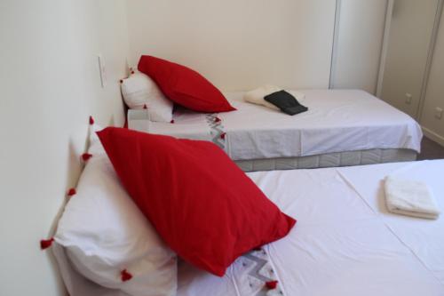 a room with two beds with red pillows on them at Villa Terre des Maures in Vidauban