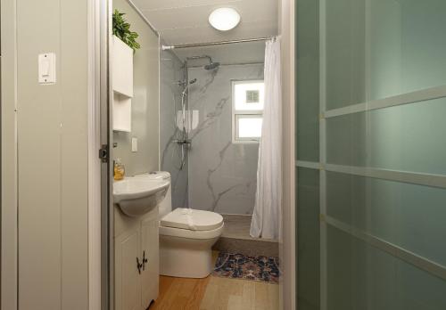 a bathroom with a toilet and a shower at Tiny Homes Tamarindo in Tamarindo