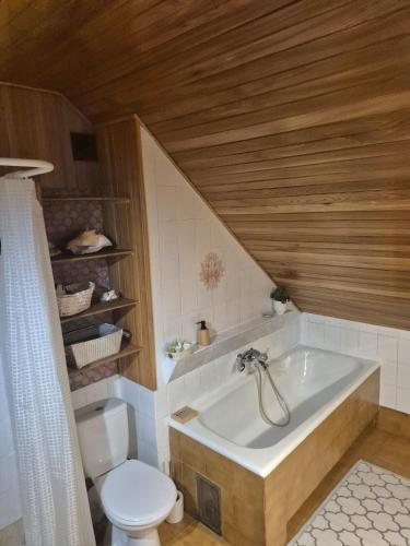 a bathroom with a bath tub and a toilet at Siedlisko Bliss Garden Retreat House ZielonoMi in Lengenquell