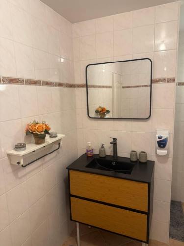 a bathroom with a sink and a mirror at Charmante maison au calme in Sainte-Maure