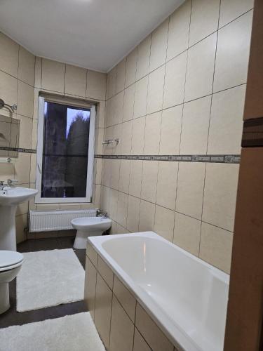 a bathroom with a tub and a toilet and a window at Camere de Inchiriat Ceahlau in Ceahlău
