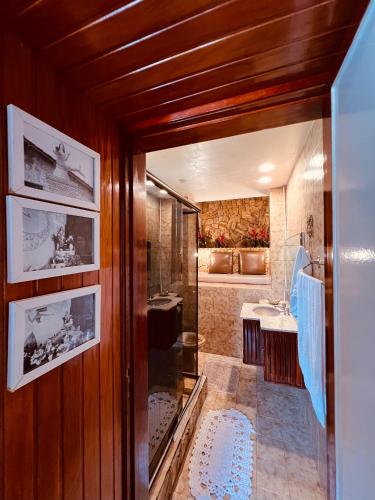 a bathroom with a shower and a sink at Mansão Bardo in Petrópolis