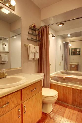 a bathroom with a sink and a toilet and a tub at Rivers Edge 504 in Helen
