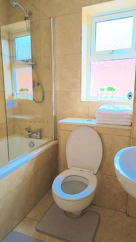 a bathroom with a toilet and a sink at Modern luxury 3-bedroom guesthouse in Wigan in Wigan