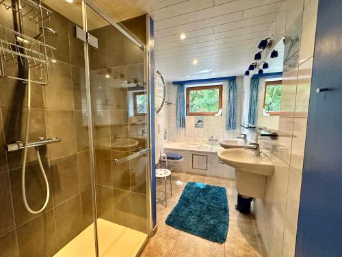 a bathroom with a shower and a sink at La Méliraude in Daverdisse