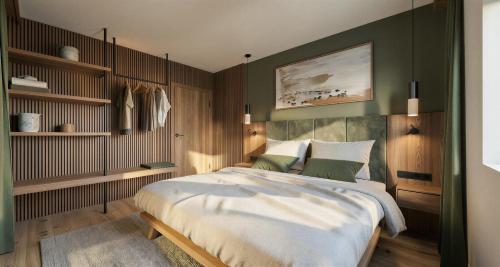 a bedroom with a large bed and shelves at Dirtlergut in Haus im Ennstal