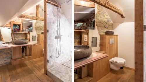 two pictures of a bathroom with a shower and a toilet at B&B - Hotel Le vieux marronnier in Foy-Notre-Dame