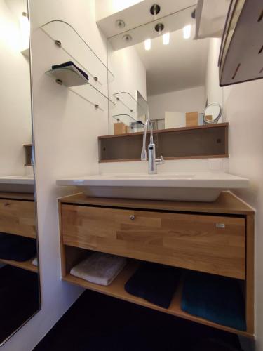 a bathroom with a sink and a mirror at Designer Apartement mit Kamin in Hartberg