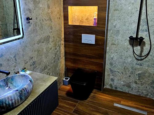 a bathroom with a sink and a shower in it at Hotel Diamant in Tropojë
