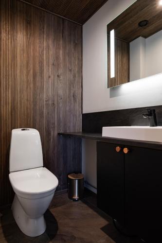 a bathroom with a white toilet and a sink at Villa Light in Ruka