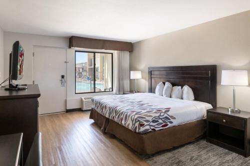 a hotel room with a bed and a large window at Red Roof Inn Tucson Downtown - University in Tucson