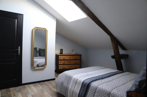 a bedroom with a bed and a mirror at Appartement neuf climatisé in Aramits