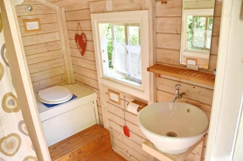 a small bathroom with a sink and a toilet at "Björkhorva" in Vimmerby