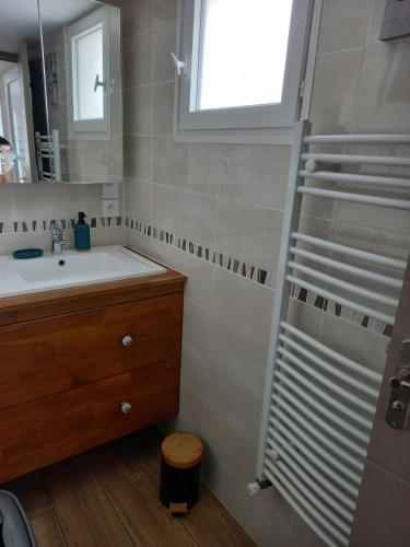 a bathroom with a sink and a shower backdoor at Maison agréable à Oléron in Dolus-d'Oléron